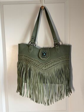 Montana West Sage Green Fringe Purse Western Boho Turquoise Concho Studded Tote